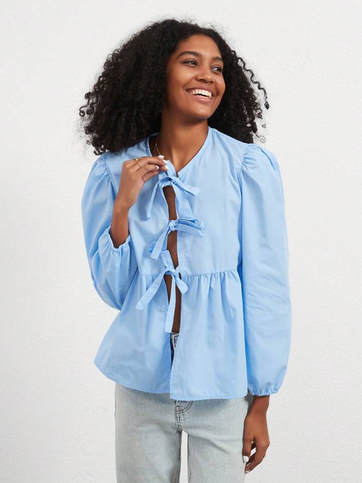 CM-TS373314 Women Casual Seoul Style Print Ruffle Hem Tie Long Sleeve Shirt - Blue