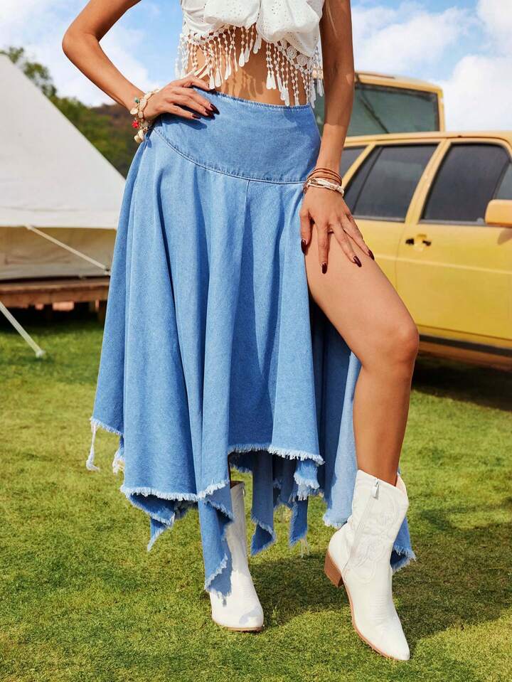 CM-BS175913 Women Casual Seoul Style High Slit Fringe Asymmetrical Hem Denim Midi Skirt - Blue