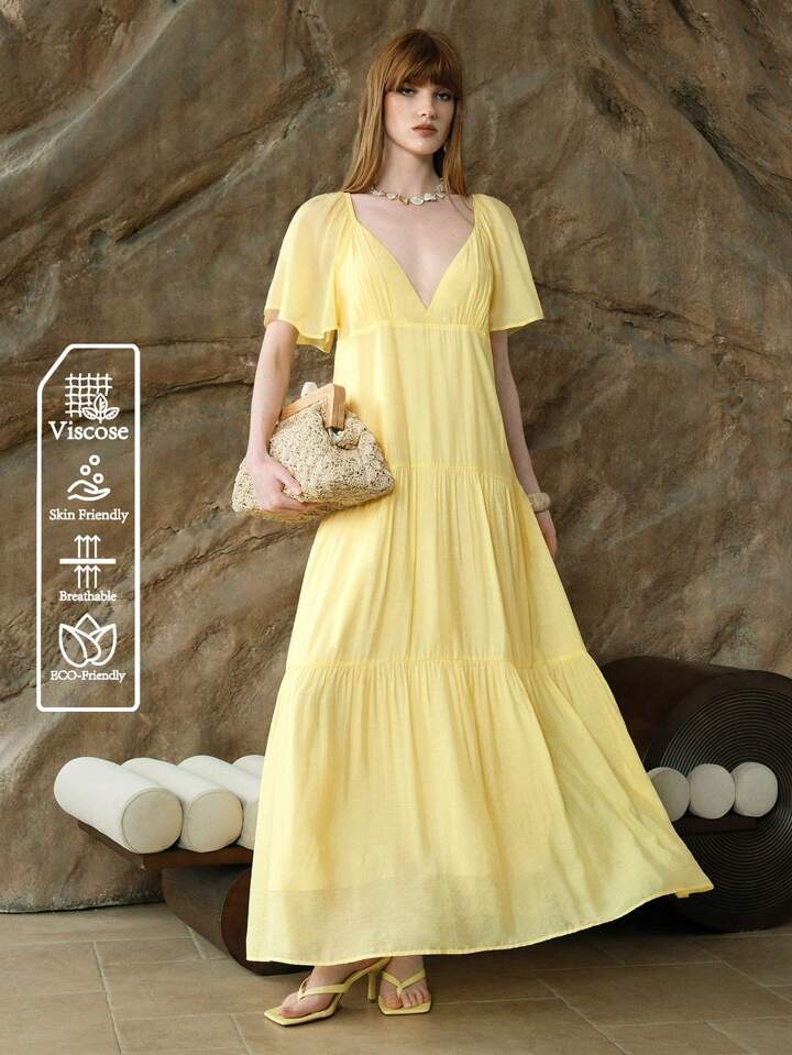 CM-DS661692 Women Casual Seoul Style V-Neck Cap Sleeve Loose High-End Splice Midi Dress - Yellow