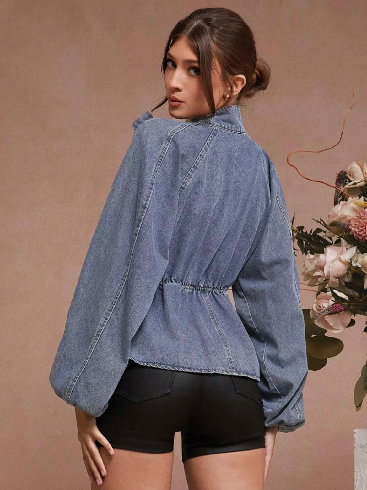 CM-TS532112 Women Casual Seoul Style Light Wash Bow Neck Tie Balloon Sleeve Peplum Denim Top