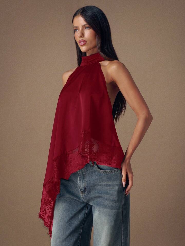 CM-TS422222 Women Elegant Seoul Style Lace Satin Patchwork Sleeveless Trim Backless Camisole Top - Burgundy