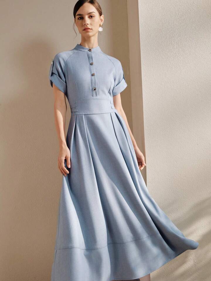 CM-DS020205 Women Elegant Seoul Style Collar Raglan Short Sleeve Waist Gathered Flared Denim Effect Dress - Blue
