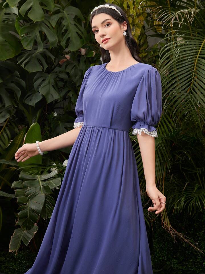 CM-DS187545 Women Casual Seoul Style Contrast Color Lace Trimmed Round Neck Dress