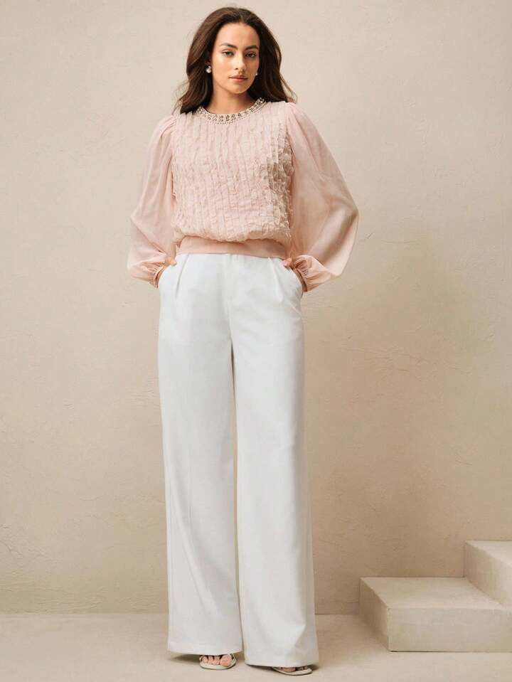 CM-TS386808 Women Elegant Seoul Style Pearl And Rhinestone Embellish Loose Lantern Sleeve Blouse - Pink