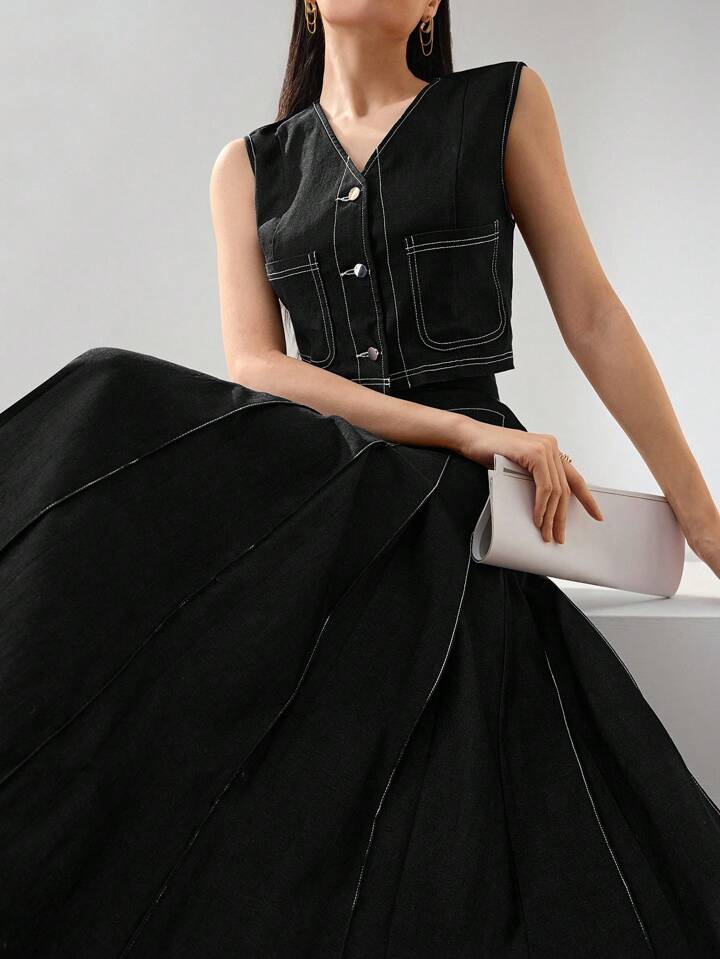 CM-SS928272 Women Elegant Seoul Style V-Neck Front Button Sleeveless Blouse With A-Line Skirt - Set