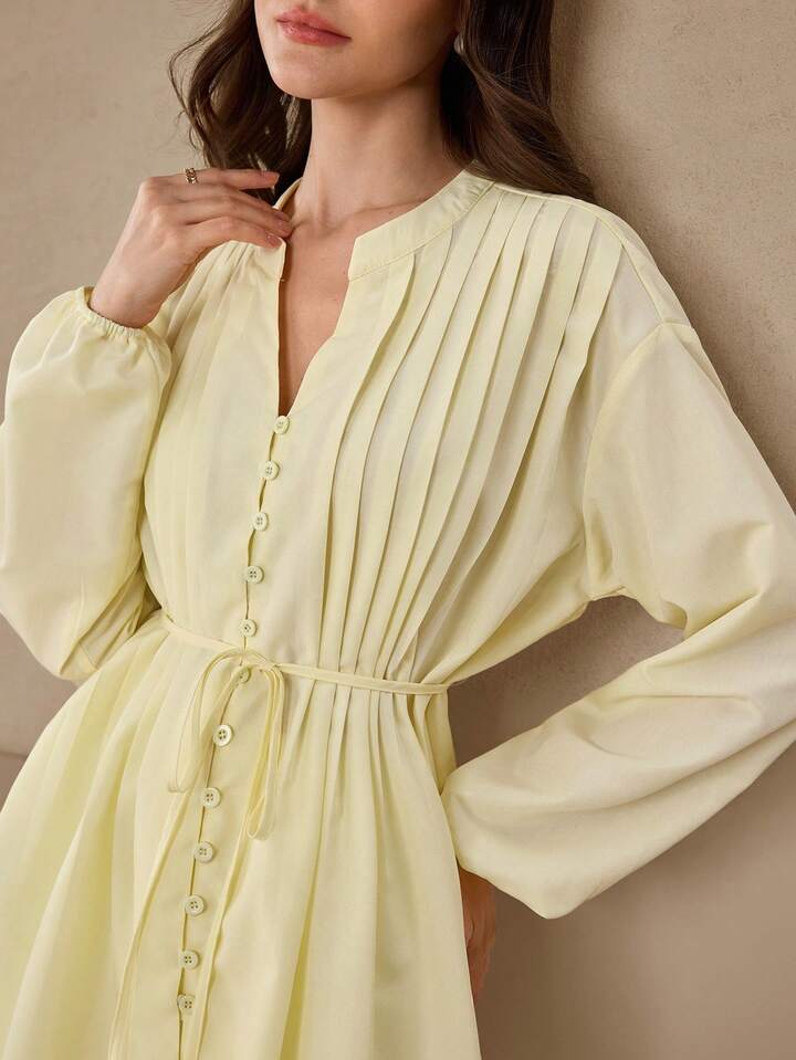 CM-TS894862 Women Elegant Seoul Style V-Neck Ruched Tie Front Long Sleeve Shirt - Pale Yellow
