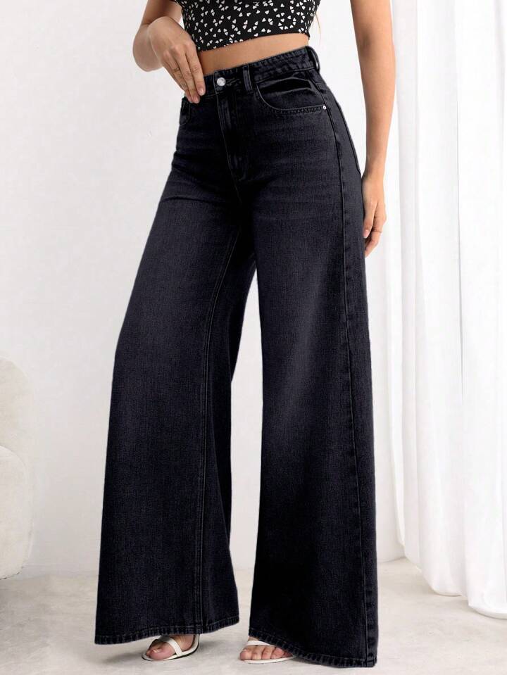 CM-BS078565 Women Elegant Seoul Style Button Front Pocket Loose Wide Leg Jeans - Black
