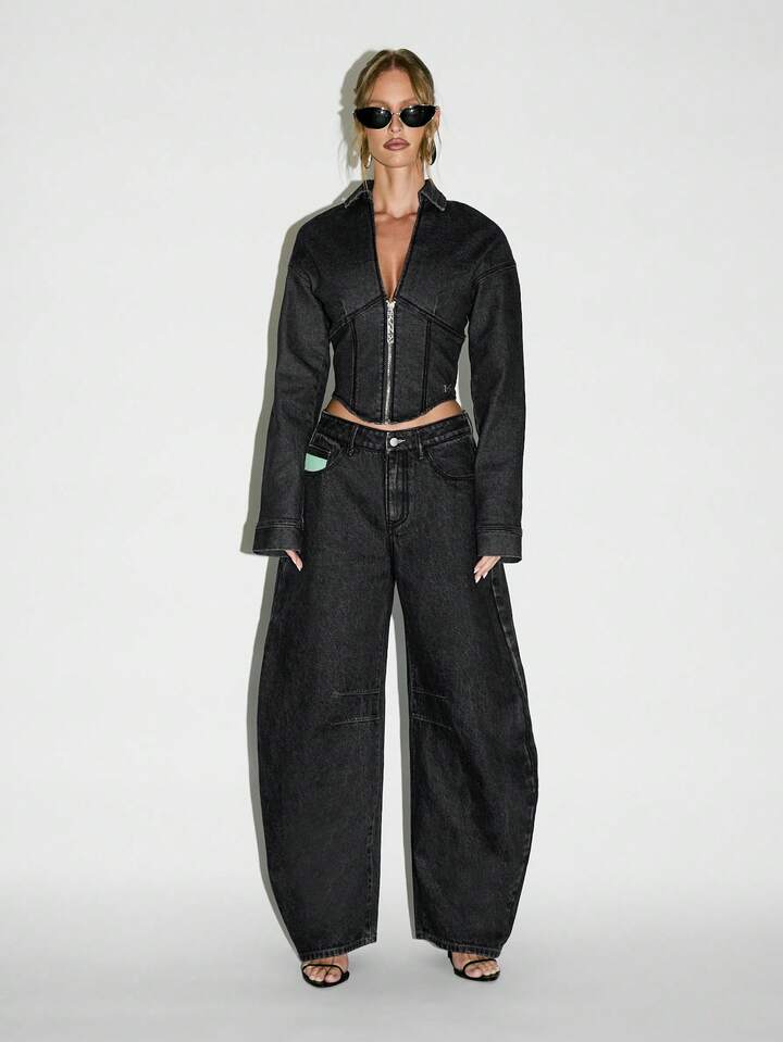 KCM-BS049131 Women Casual Seoul Style High Waisted Barrel Wide Leg Jeans - Black