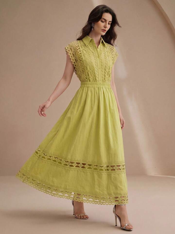 CM-SS636973 Women Elegant Seoul Style Hollow Floral Splice Collar Neckline Sleeveless Shirt With Flared Skirt - Set