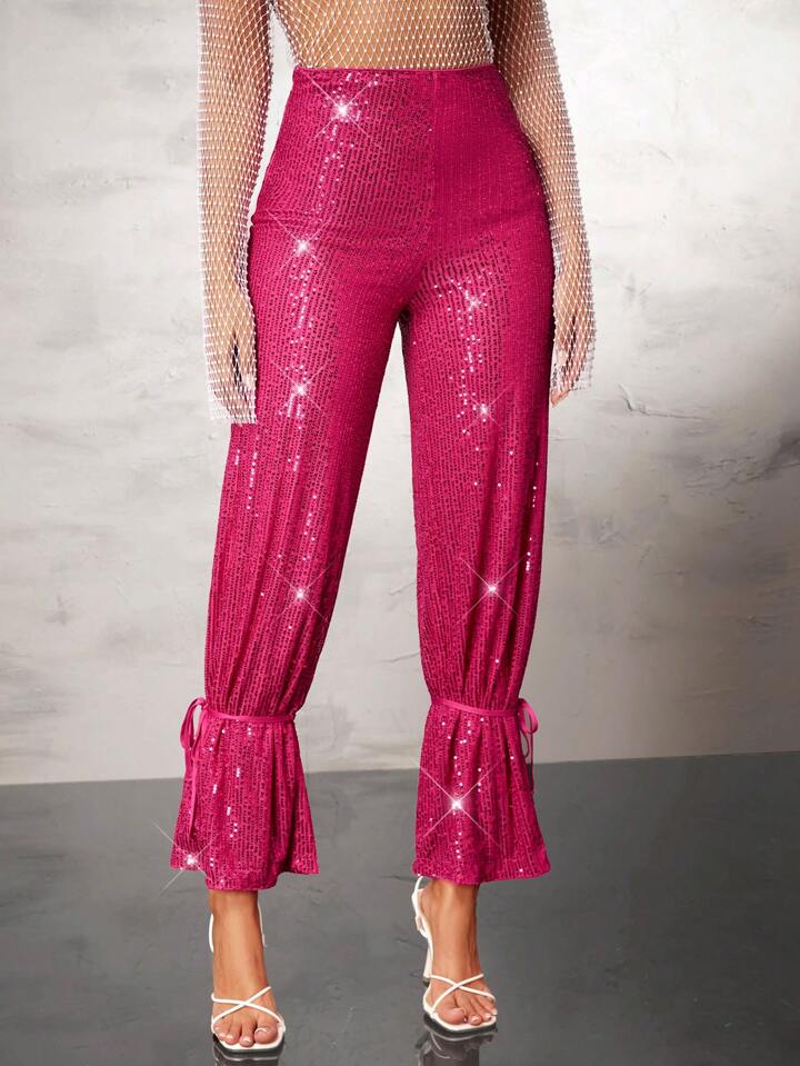 CM-BS555022 Women Elegant Seoul Style Sparkly Sequin Ruffle Hem Trousers - Pink