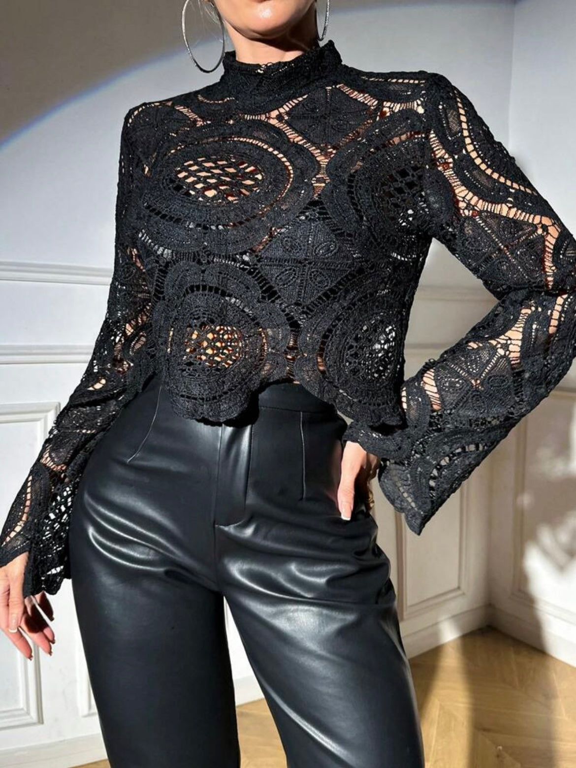 CM-TS217287 Women Casual Seoul Style Stand Collar Lace Hollow-Out See-Through Blouse - Black