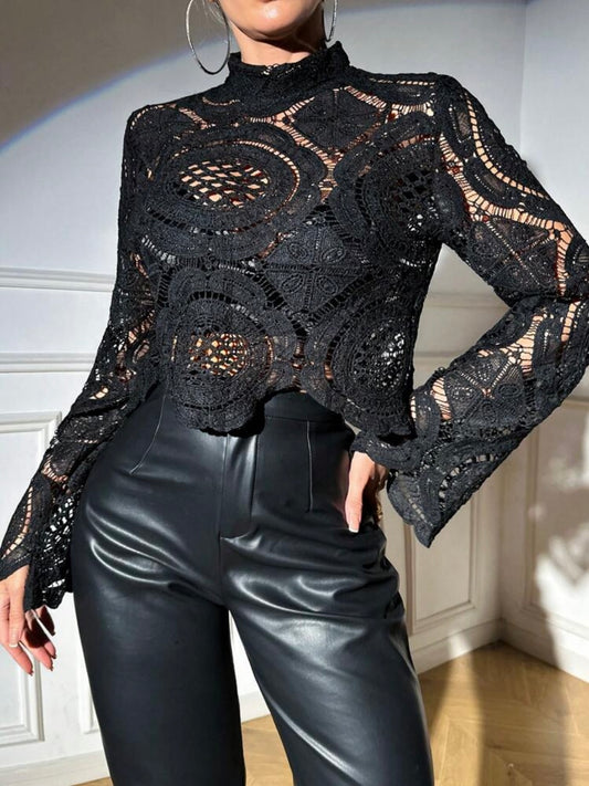 CM-TS217287 Women Casual Seoul Style Stand Collar Lace Hollow-Out See-Through Blouse - Black