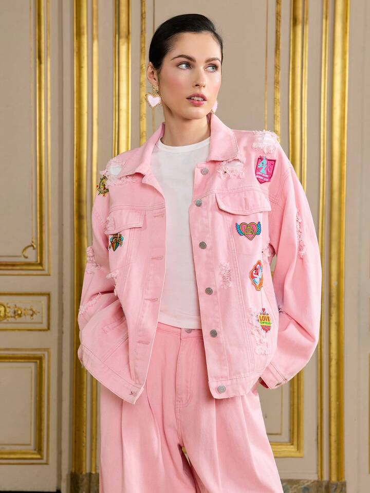 CM-CS533355 Women Casual Seoul Style Cute Cartoon Patches Distressed Oversized Denim Jacket - Pink
