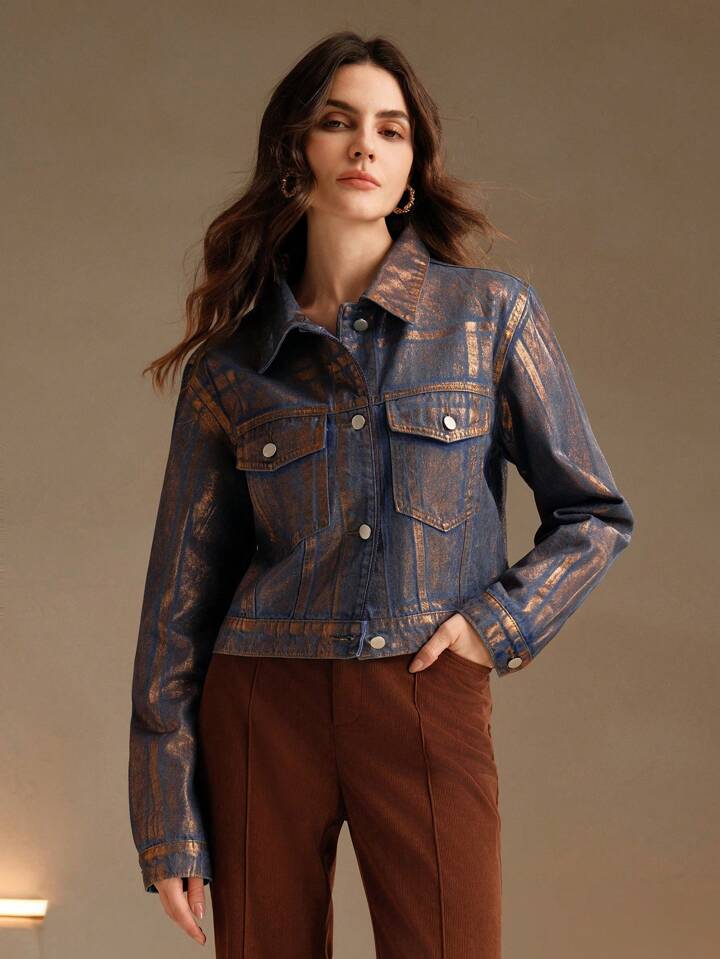 CM-CS152049 Women Casual Seoul Style Embossed Gold Foil Distressed Long Sleeve Denim Jacket