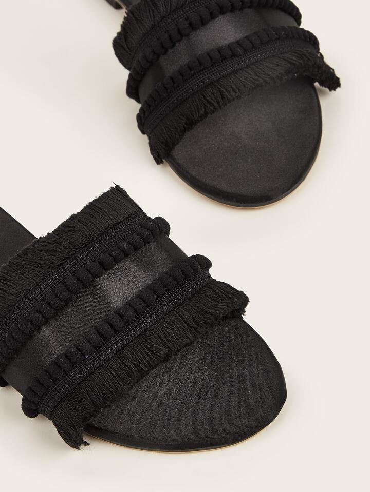 CM-SHS575575 Women Trendy Seoul Style Fringe Decor Plain Satin Open Toe Slide Sandals - Black