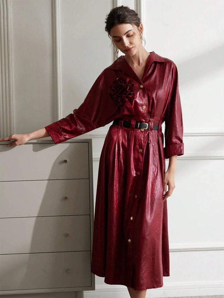 CM-DS128383 Women Elegant Seoul Style 3D Floral CollarMetallic Button Drop Shoulder Shiny Dress - Red