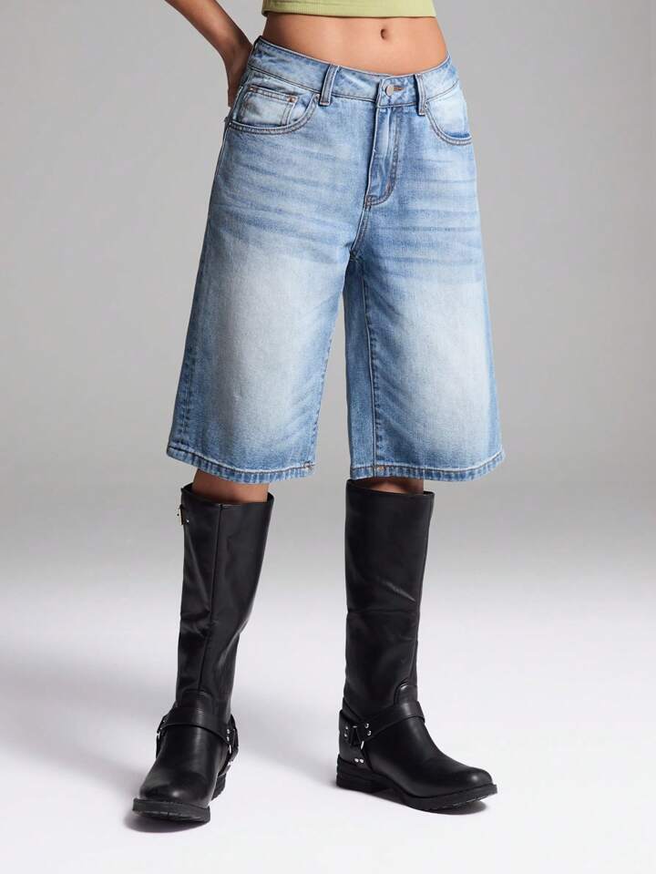 CM-BS523867 Women Casual Seoul Style Washed Drop Waist Denim Shorts - Blue