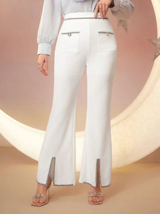 CM-BS606360 Women Elegant Seoul Style Pearl-Inspired Button Detail Flared Pants - White