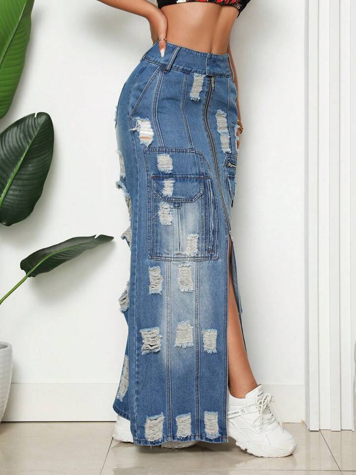 CM-BS238335 Women Casual Seoul Style Medium Wash Ripped Spit Thigh Denim Skirt