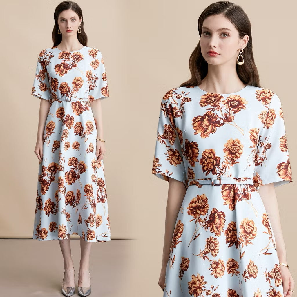 CM-DY054107 Women Elegant European Style Round Neck Short Sleeve Pinched Waist Long Dress