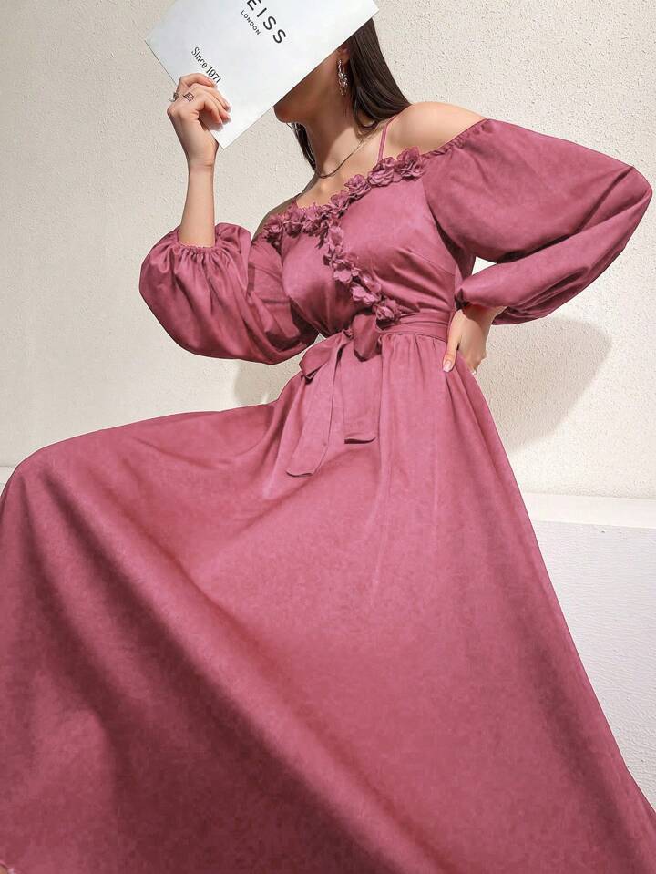 CM-DS948731 Women Casual Seoul Style Off-Shoulder Long Sleeve A-Line Dress With Belt - Pink