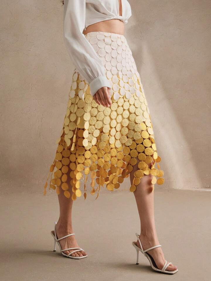 CM-BS178171 Women Trendy Bohemian Style Hollow Out Embroidery Tassel High Waist Flowy Skirt - Yellow