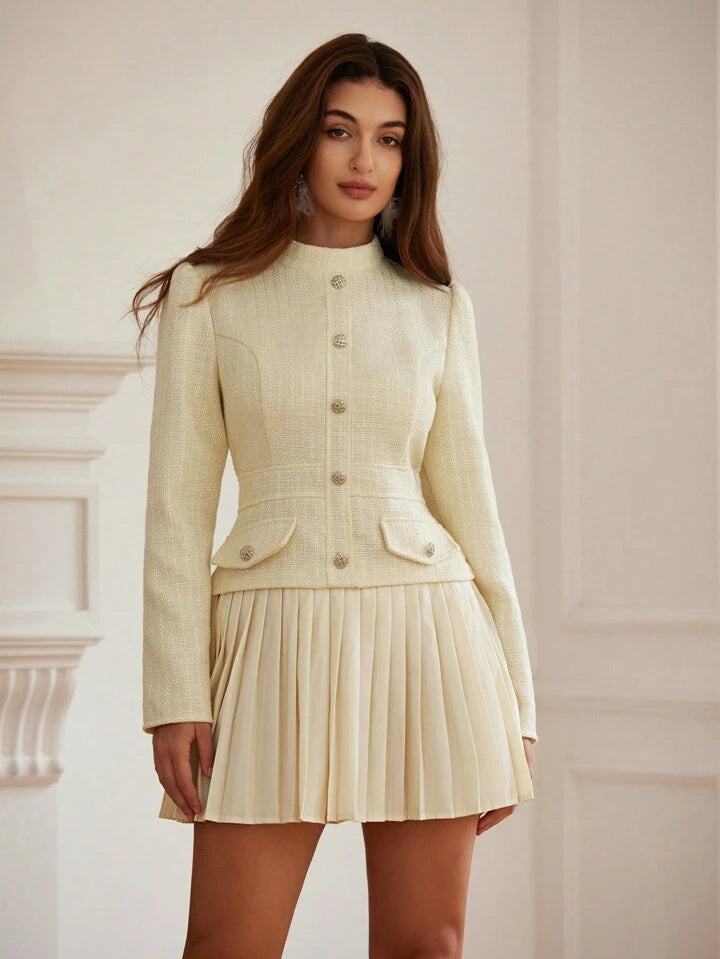 CM-DS876080 Women Elegant Seoul Style Waist Cinching Slimming Textured Patchwork Pleated Dress - Apricot