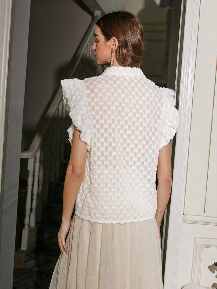 CM-TS395816 Women Casual Seoul Style Floral Embroidered Ruffle Hem Shirt - White