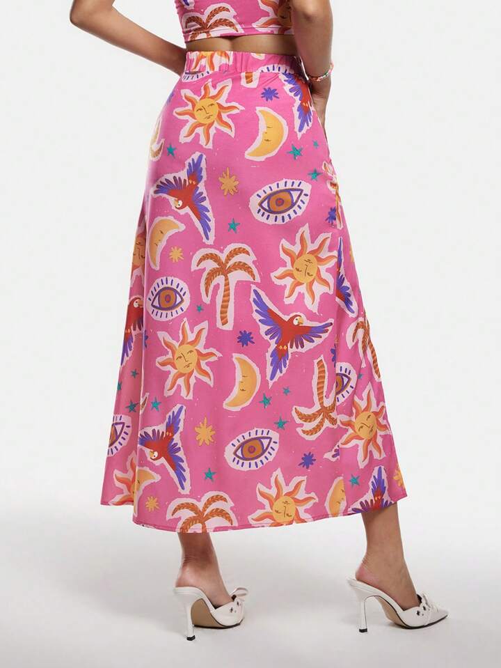 CM-BS311934 Women Casual Seoul Style Allover Print High-Split Mid-Length Skirt