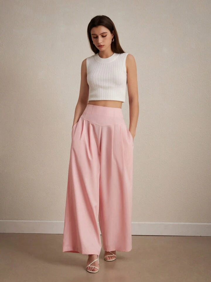 CM-BS092611 Women Casual Seoul Style Loose-Fitting High-Waisted Wide Leg Pants - Baby Pink