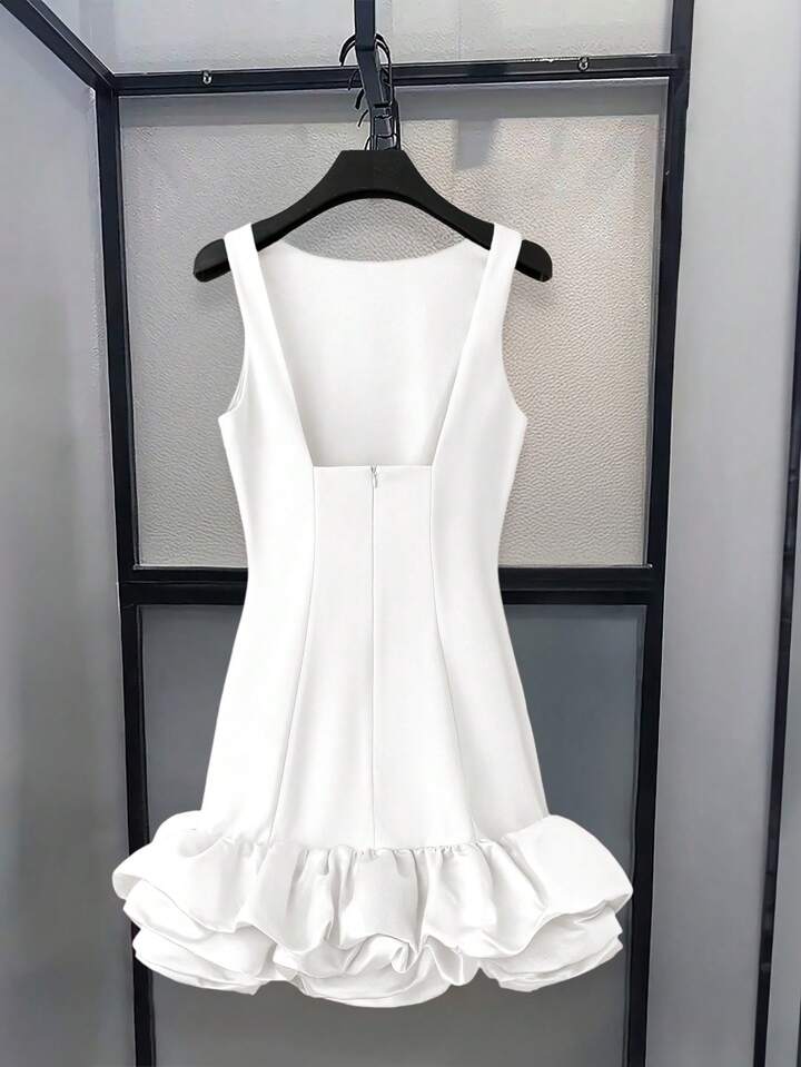 CM-DS379410 Women Elegant Seoul Style Round Neck Sleeveless Ruffle Hem Short A-Line Dress - White