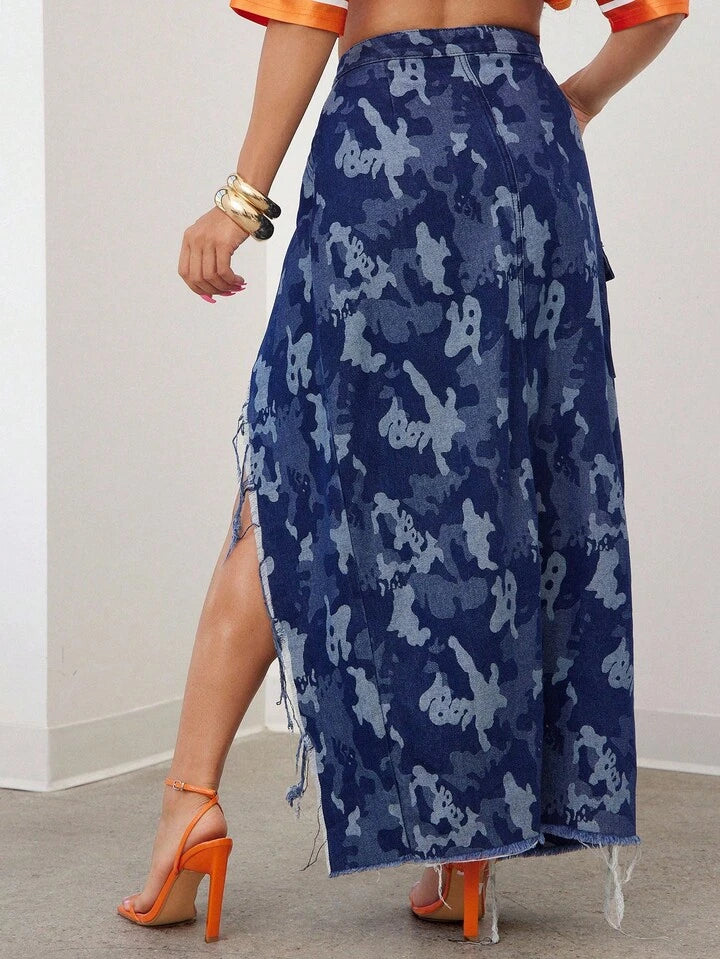 CM-BS231321 Women Casual Seoul Style Mid Waist Camo Pattern Asymmetrical Maxi Denim Skirt - Blue