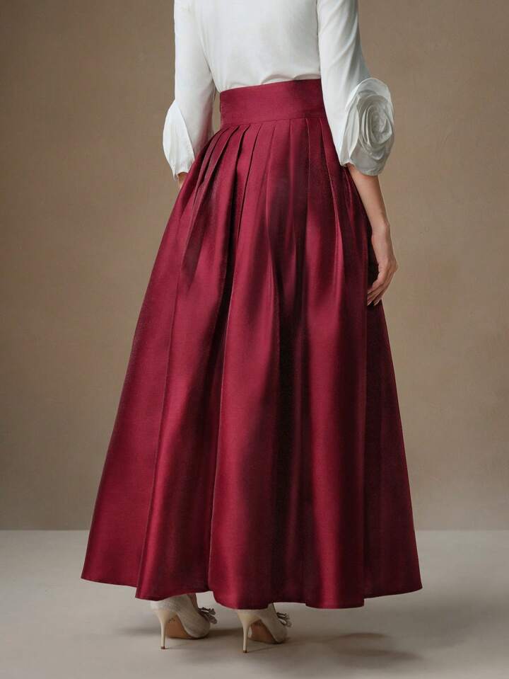 CM-BS386136 Women Elegant Seoul Style High Waisted Puff Pleated Long Skirt - Burgundy