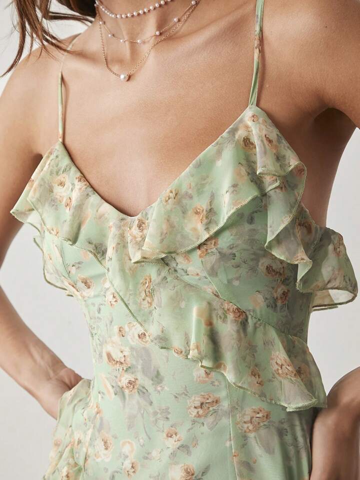 CM-DS882497 Women Elegant Seoul Style Floral Print Ruffle Trim Spaghetti Strap Sleeveless Long Dress - Green