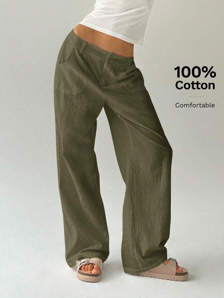 CM-BS270751 Women Casual Seoul Style Solid Color Low Waist Loose Straight Leg Pants - Army Green