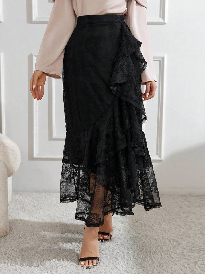 CM-BS141105 Women Elegant Seoul Style Lace Wrapped Ruffle Hem Asymmetric Skirt - Black