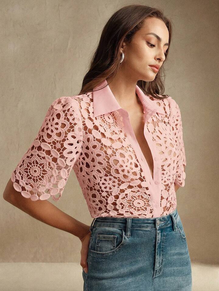 CM-TS474111 Women Casual Seoul Style Collar Neckline Half Sleeve Floral Hollow Out Lace Shirt Blouse - Pink