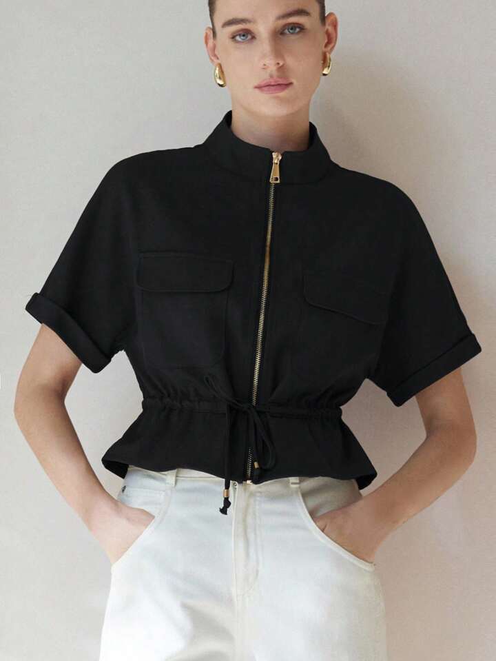 CM-TS180766 Women Casual Seoul Style Two Symmetrical Pockets Short Sleeve Cinched Waist Top - Black