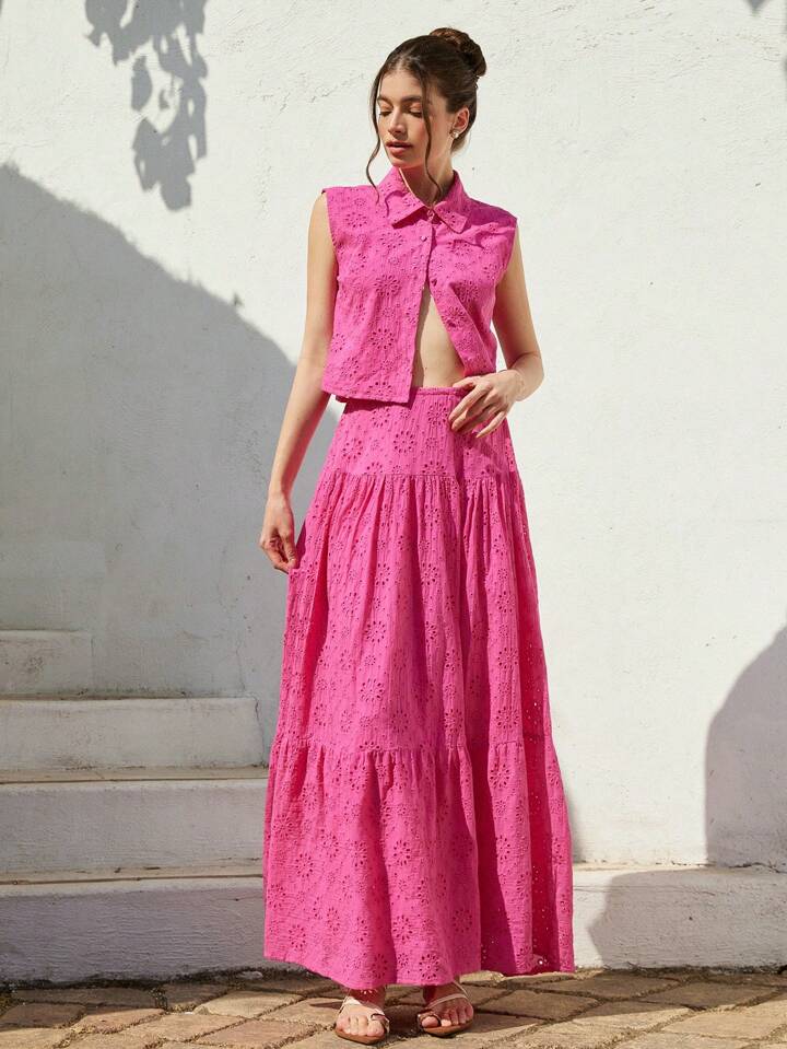 CM-SS049797 Women Casual Seoul Style Shirt Collar Sleeveless Loose Blouse With Ruched Maxi A-Line Skirt - Set