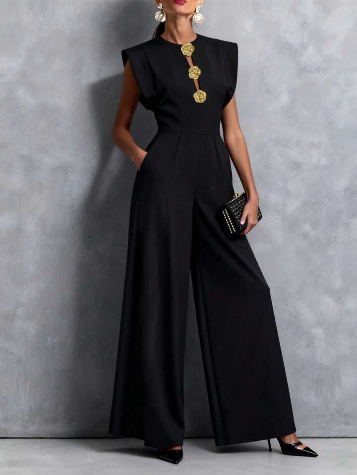 CM-JS170822 Women Elegant Seoul Style Notched Neckline Sleeveless Front Button Zipper Pocket Jumpsuit - Black