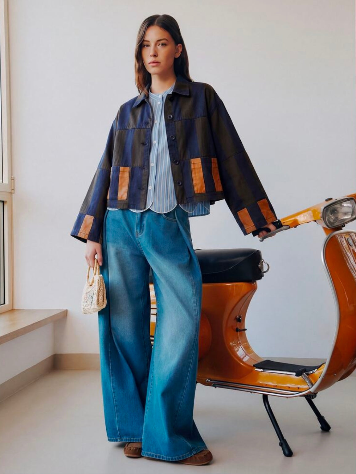 CM-CS884886 Women Elegant Seoul Style Collar Neckline Long Sleeve Striped Cropped Jacket