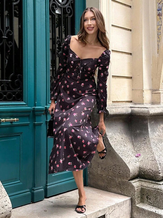 CM-DS297138 Women Casual Seoul Style V-Neck Ruffle Trim Waist Cinched Floral Print Long Sleeve Dress