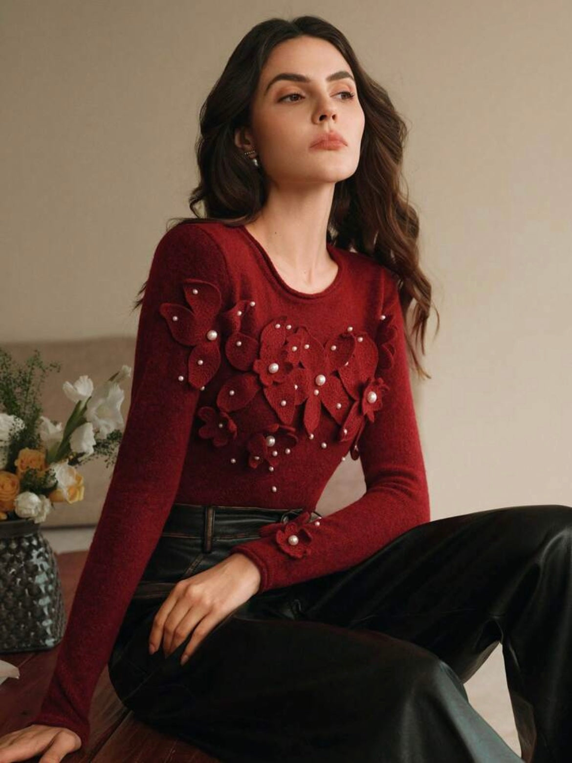 CM-CS786989 Women Casual Seoul Style Crochet Beaded Crew Neck Layer T-Shirt - Red