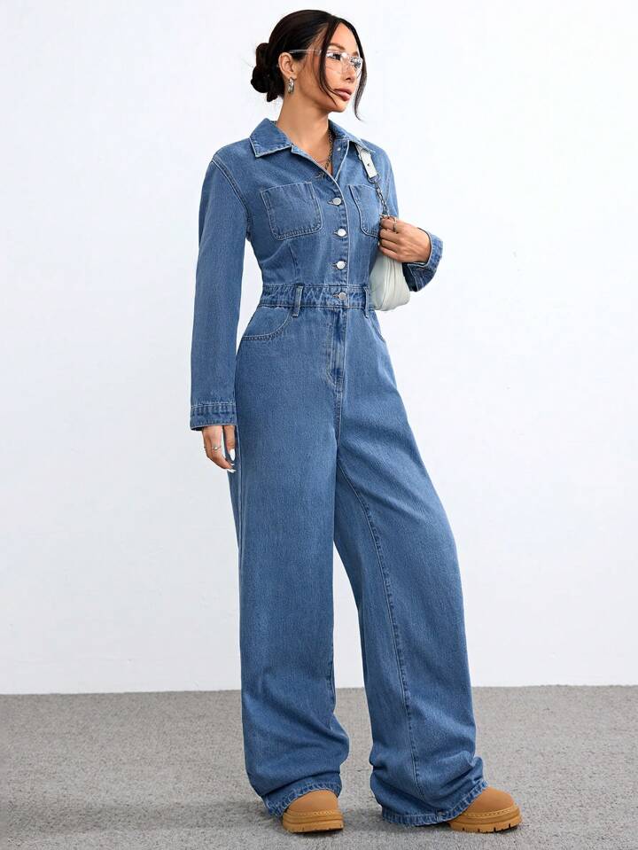 CM-JS684434 Women Casual Seoul Style Light Washed Long Sleeve High Waist Denim Jumpsuit