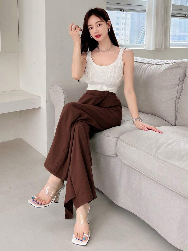 CM-BS005160 Women Casual Seoul Style Asymmetric Loose Fit Wide Leg Pants - Coffee Brown
