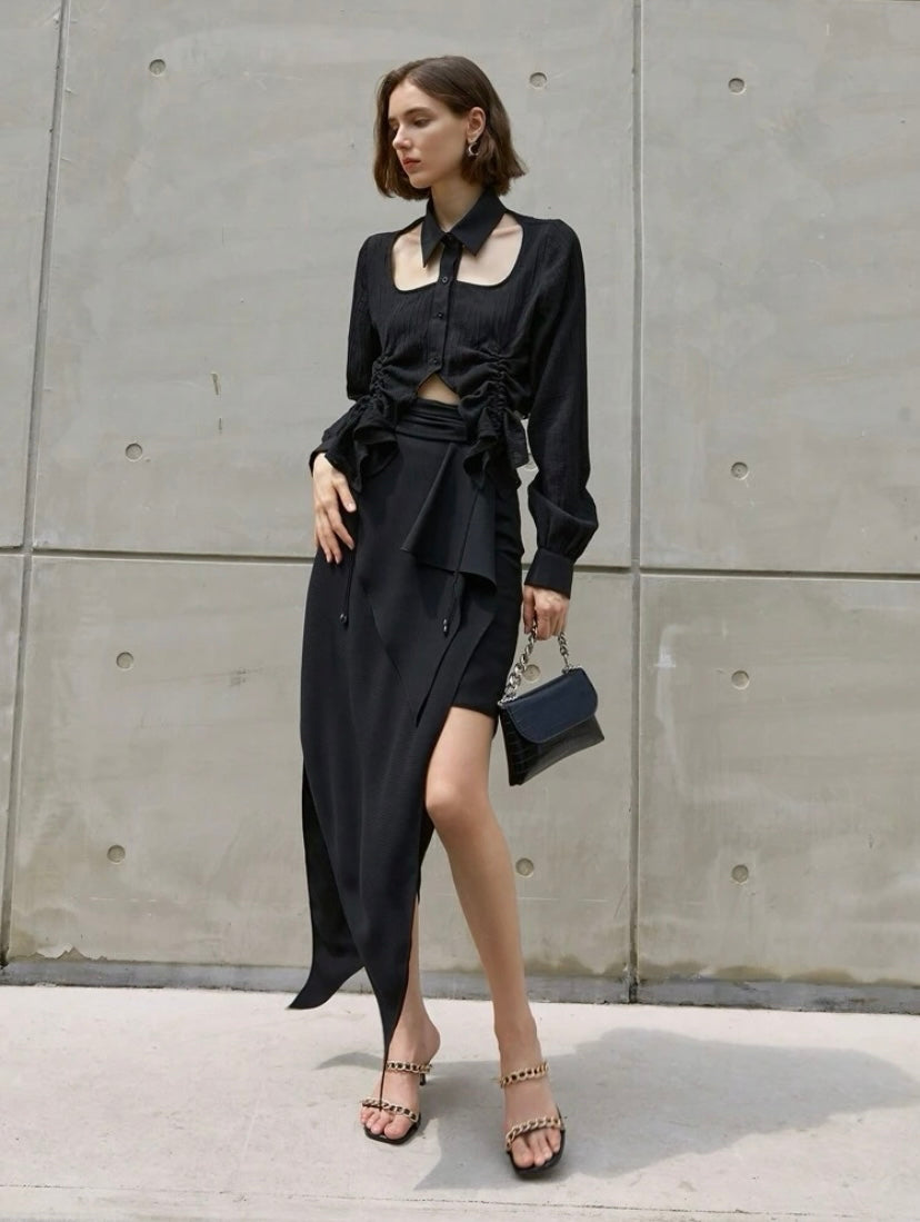 CM-BS433928 Women Casual Seoul Style Solid Asymmetrical Hem Midi Skirt - Black