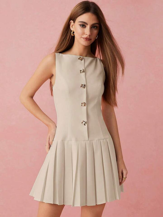 CM-DS170727 Women Elegant Seoul Style Metal Buttons Decor Pleated Hem Sleeveless Mini Dress - Khaki