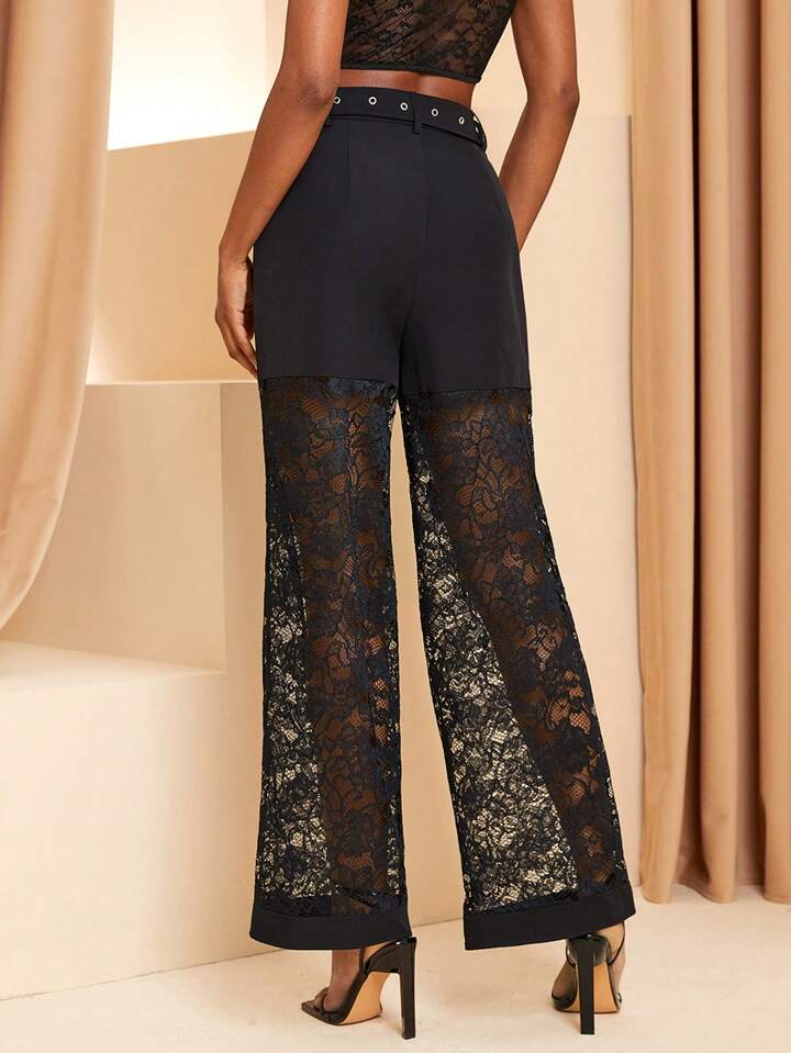 CM-BS915128 Women Elegant Seoul Style Lace Contrast Belted High Waist Straight-Leg Pants - Black