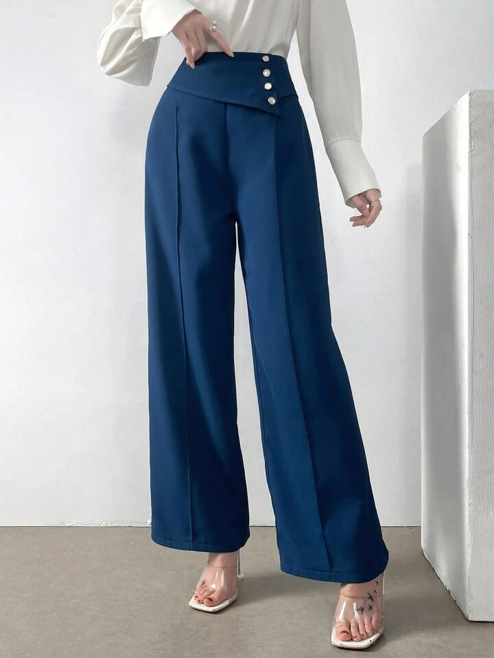 CM-BS457540 Women Casual Seoul Style Solid Color Button Straight Leg Trousers - Teal Blue