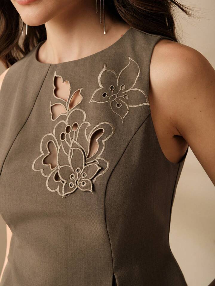 CM-TS226224 Women Elegant Seoul Style Embroidered Waist Fitted A-Line Asymmetrical Hem Tank Top - Khaki